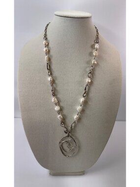 Large Baroque Pearl Modernist Pendant Link Necklace Silver Tone Paperclip Chain